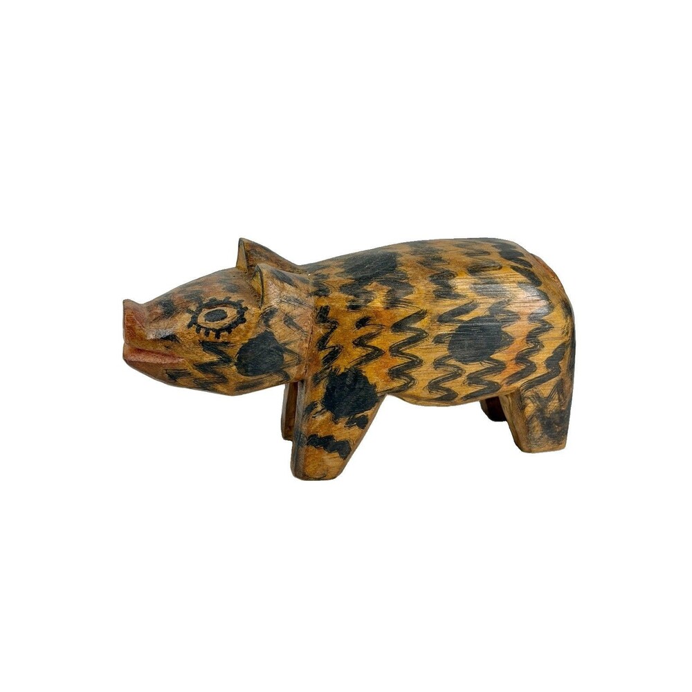 Vintage Oaxacan Wood Carving Pig Folk Art Hand Painted Mexico